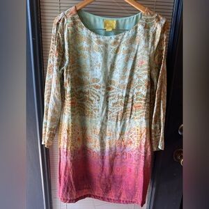 Maeve silk size small shift dress peekaboo sleeves pockets mid length ombré